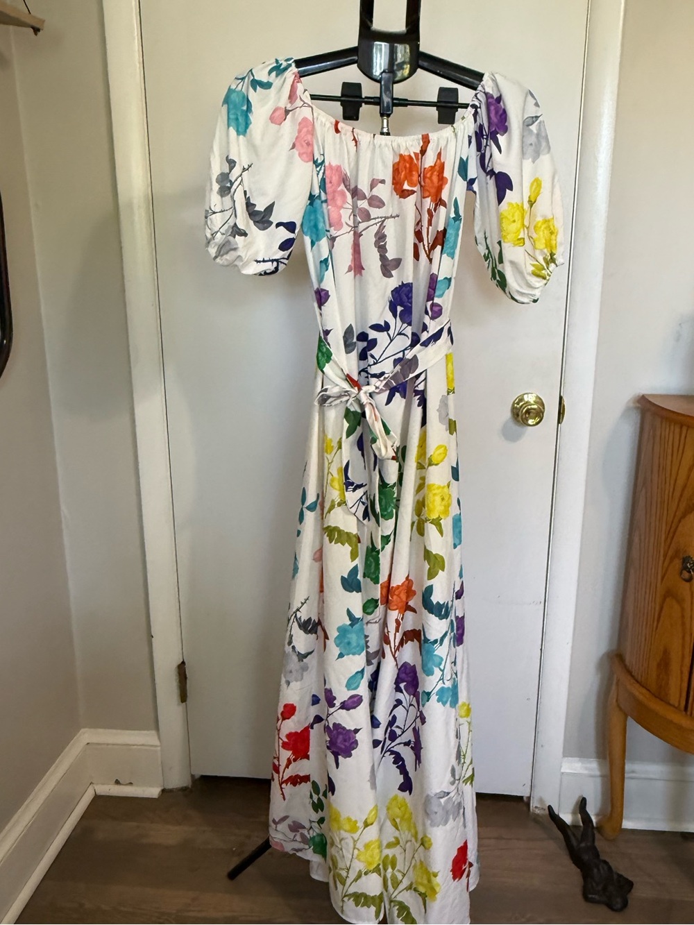 White Multi-Color Floral Puff-Sleeve Maxi Dress with Tie Waist